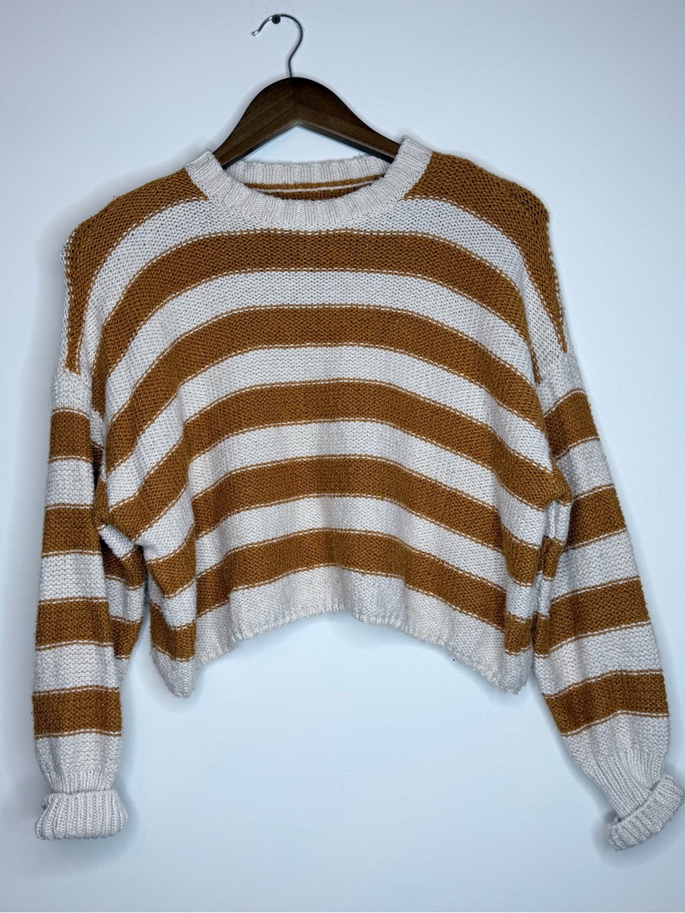 Billabong Cropped Striped Crewneck Sweater in Cream and Tan